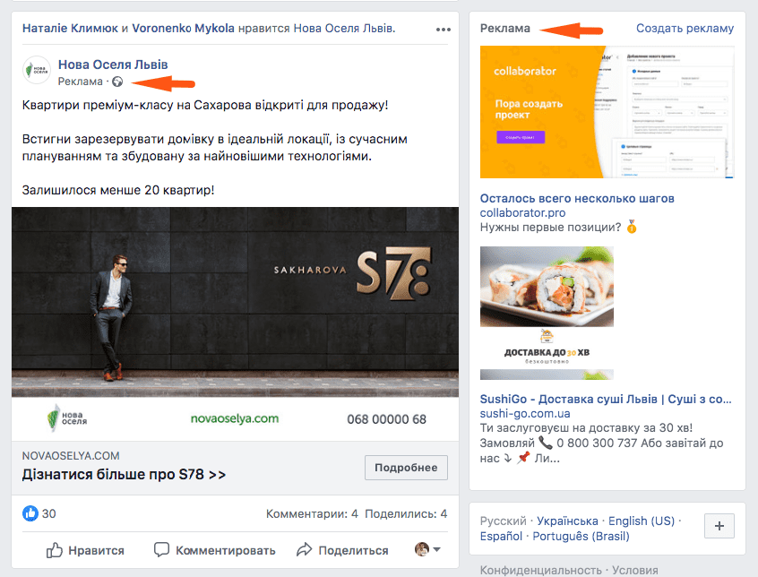 Приклад таргетованої реклами у Фейсбук