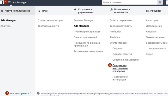 Специально настроенные конверсии в рекламном кабинете Фейсбук