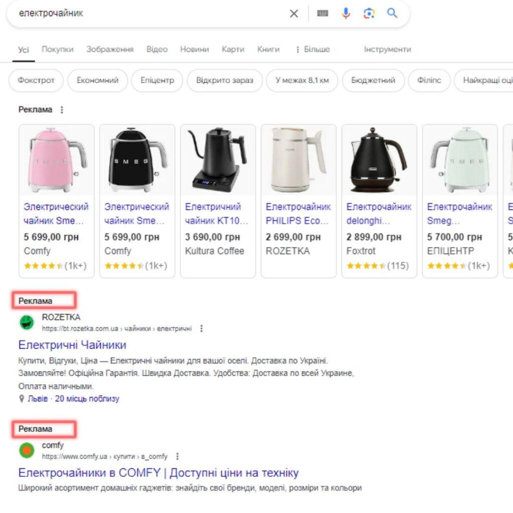 Приклад розміщення оголошень в контекстній рекламі під час видачі