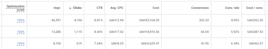 Google Ads account performance after the start of cooperation